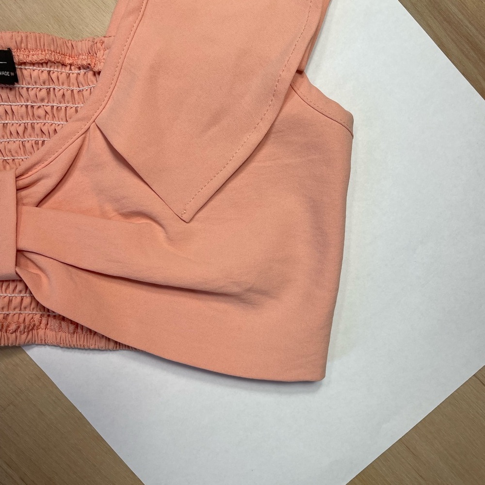 Peach Boho Crop Top Bow Front Ruffle Sleeve Smocked Back Festival M - Picture 4 of 8